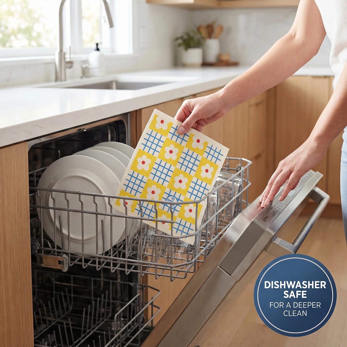 Happy Ripples Ripple Cloth used in dishwasher for easy kitchen cleaning.