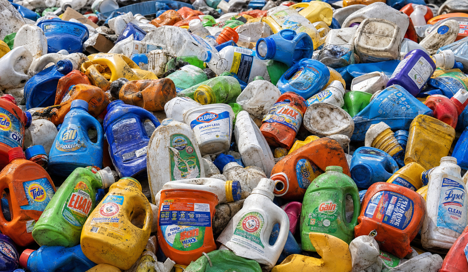 Pile of used plastic laundry detergent bottles showing packaging waste from liquid detergent.