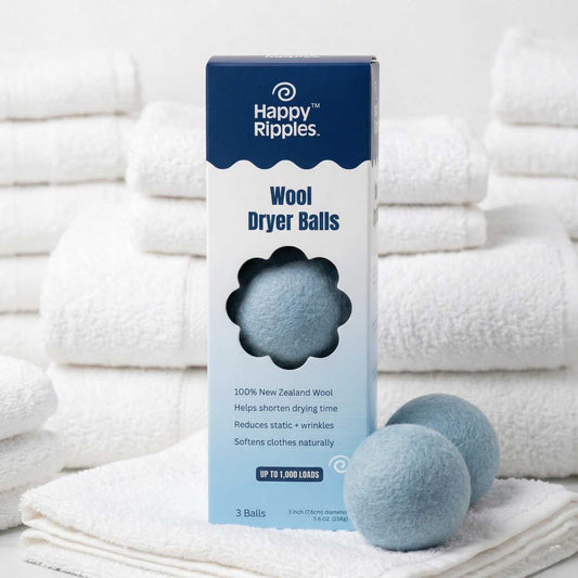 Fragrance-free wool dryer balls by Happy Ripples for shorter drying time and softer clothes