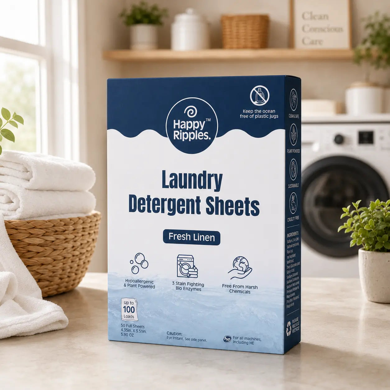 Happy Ripples Fresh Linen 100-load laundry detergent sheets in a bright laundry room.