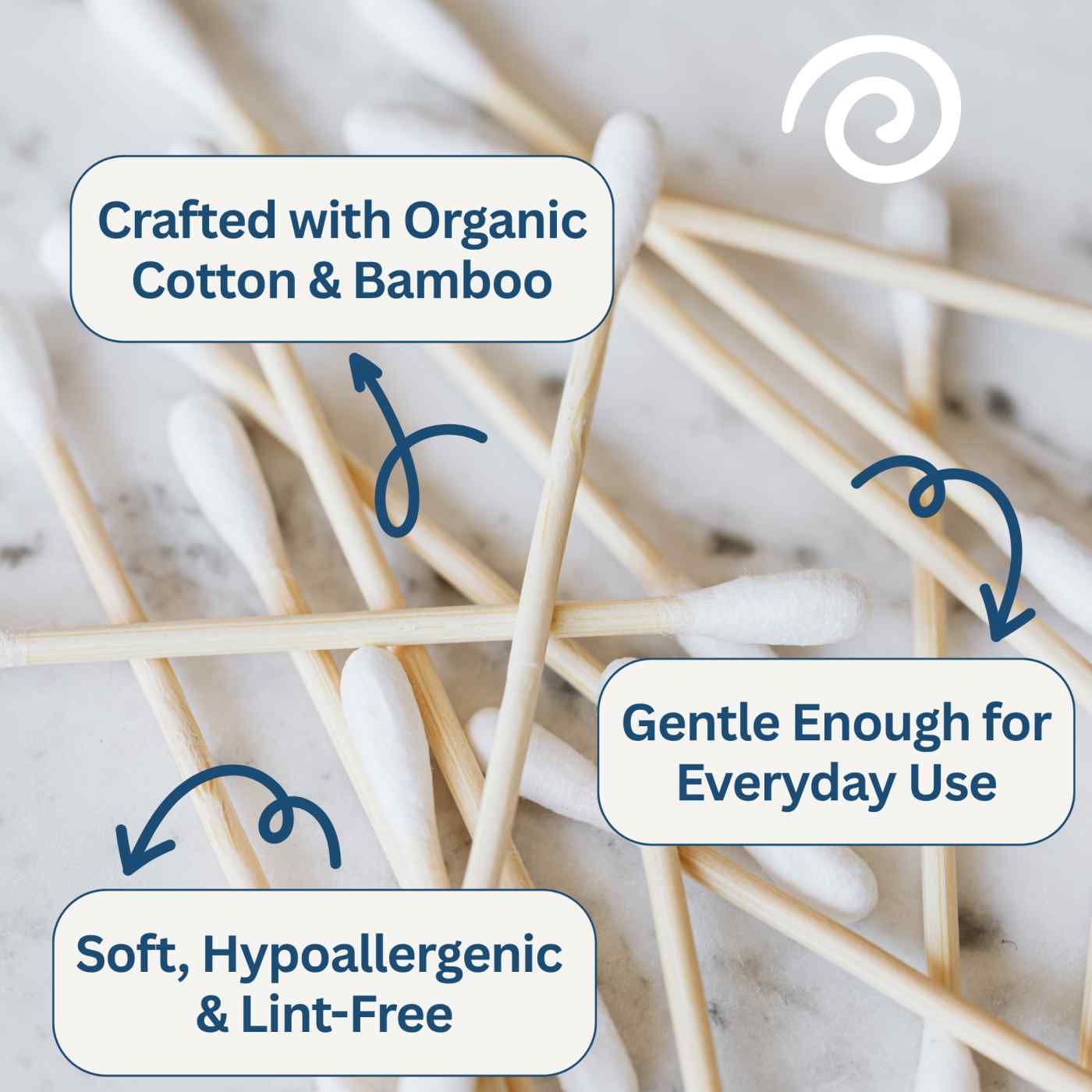Happy Ripples bamboo cotton swabs feature graphic highlighting organic cotton bamboo soft hypoallergenic lint free and gentle everyday use