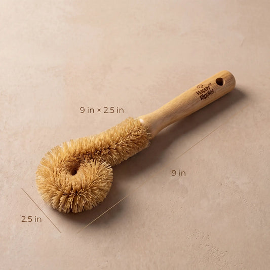Happy Ripples bamboo bottle brush with natural bristles and size measurements.

