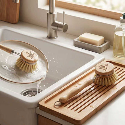 Happy Ripples bamboo dish brushes with natural bristles displayed by kitchen sink with soap and wooden drying tray