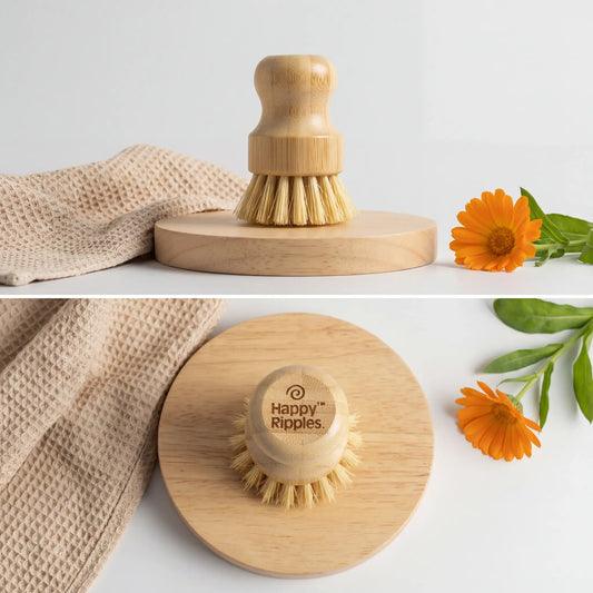 Happy Ripples bamboo dish brush displayed with natural bristles and wooden handle.
