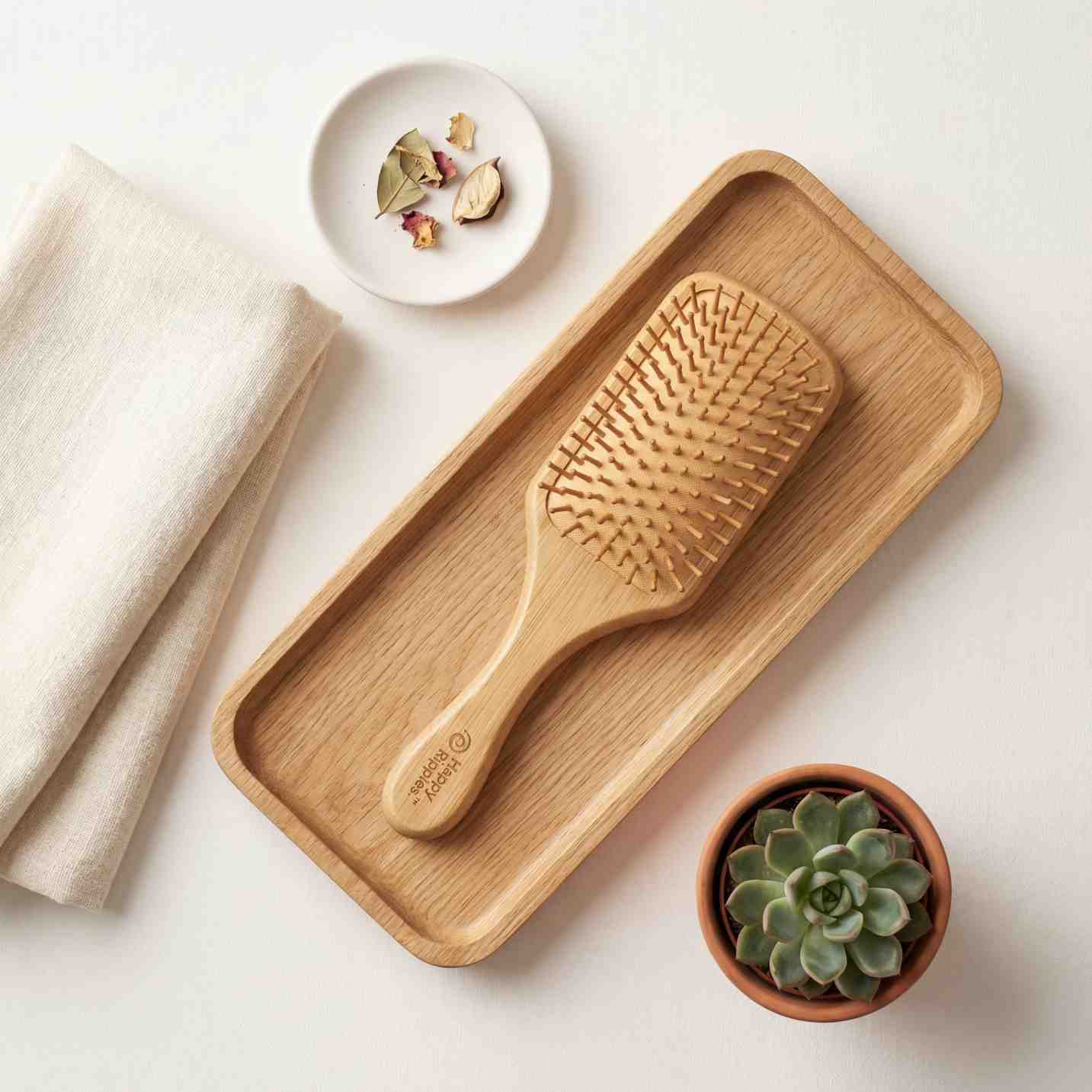 Happy Ripples bamboo paddle hairbrush displayed on a wooden tray with natural home decor and clean self care styling