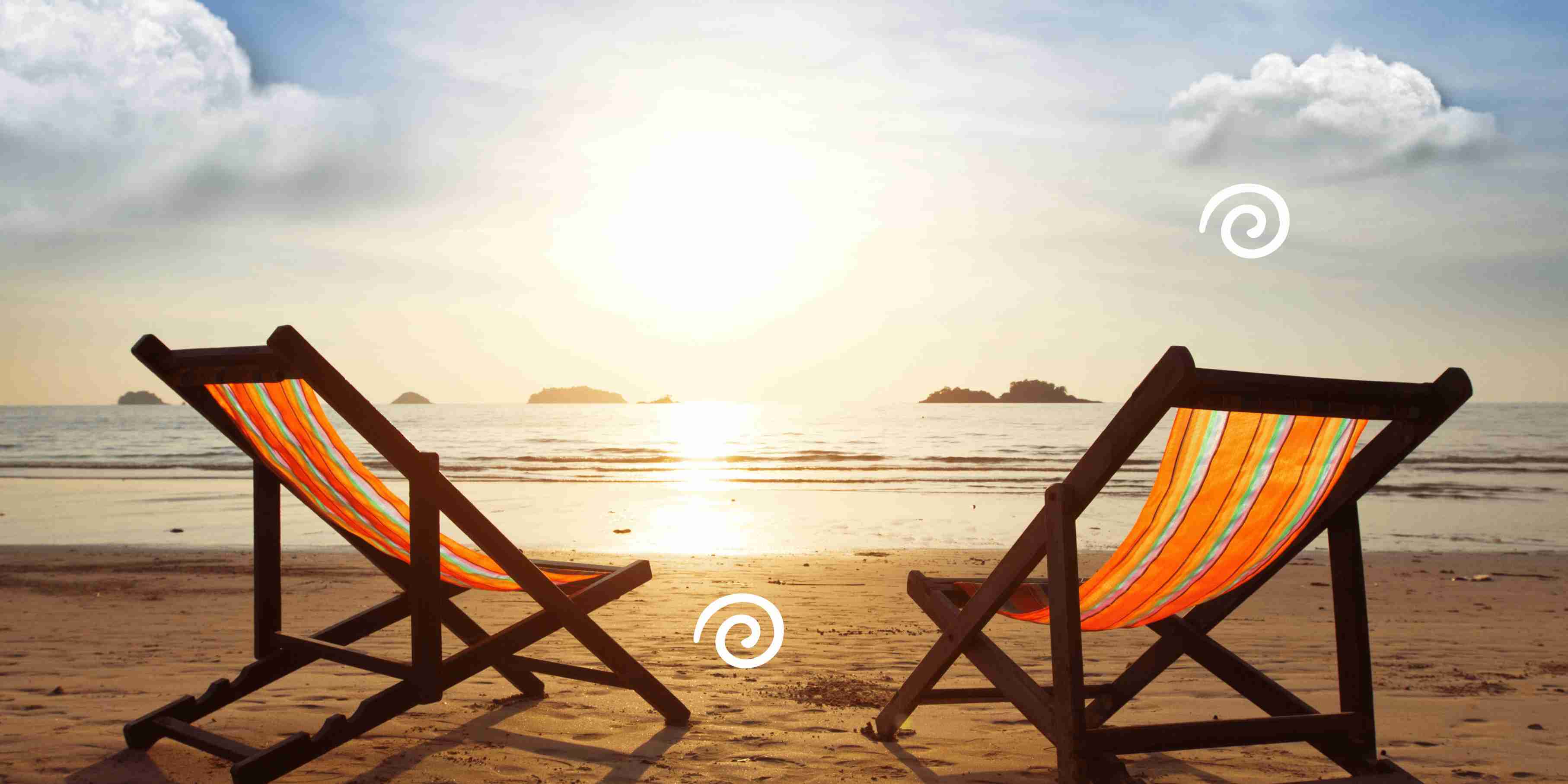 Beach sunset with lounge chairs and Happy Ripples swirl graphics representing fresh relaxing plastic free home care