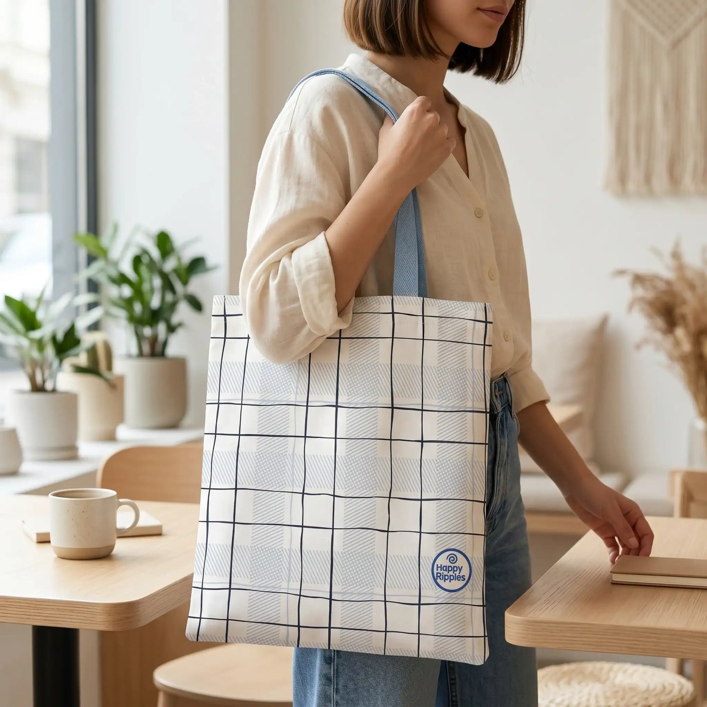 Happy Ripples plaid tote bag carried in a bright minimalist home workspace.

