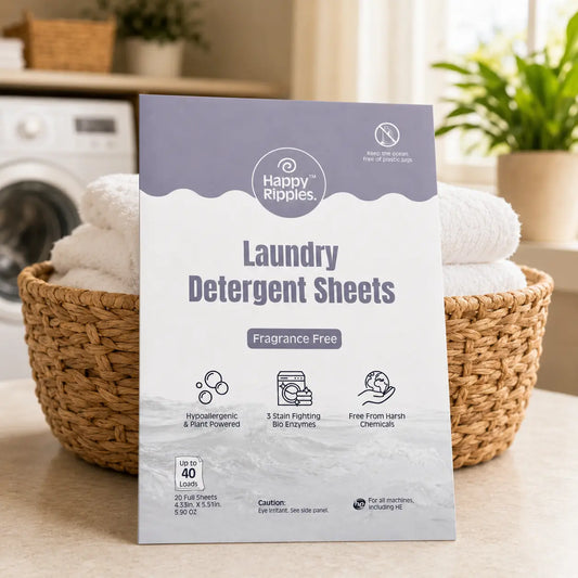 Happy Ripples Fresh Linen laundry sheets open drawer box on a marble laundry counter.
