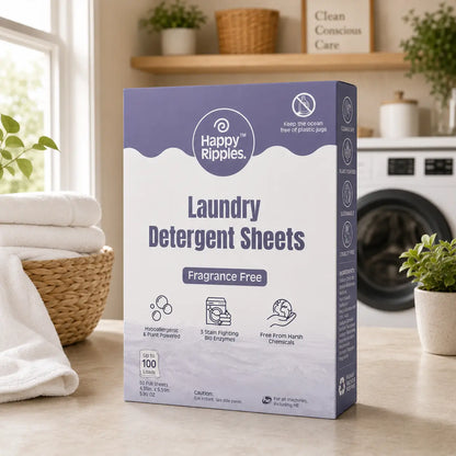 Happy Ripples fragrance-free 100-load laundry detergent sheets in a bright laundry room.