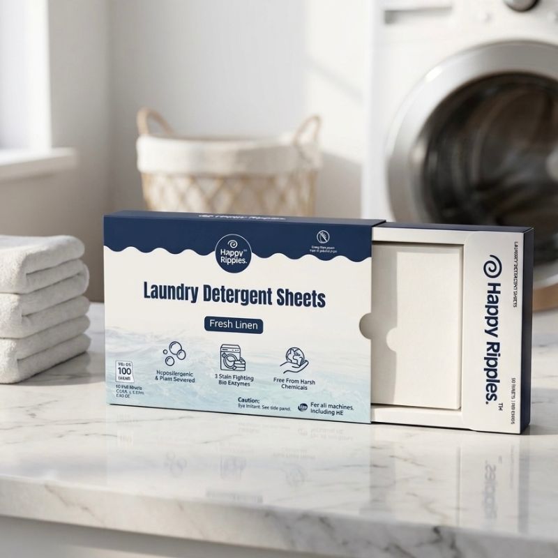 Happy Ripples Fresh Linen 100-load laundry detergent sheets box on a laundry room counter