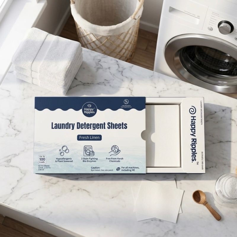 Happy Ripples Fresh Linen 100-load laundry detergent sheets drawer box with sheets inside