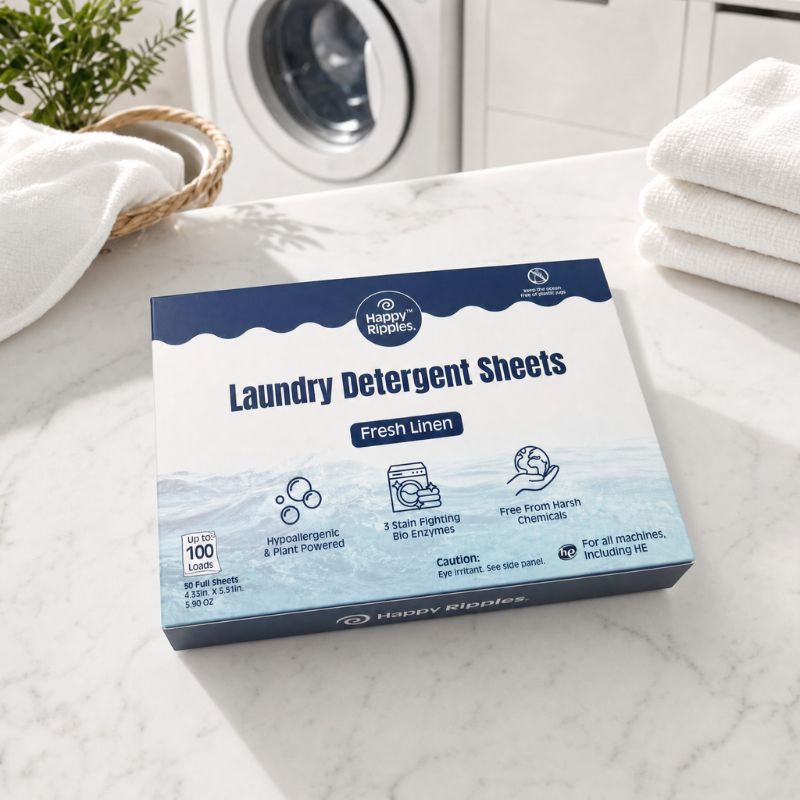 Happy Ripples Fresh Linen 100-load laundry detergent sheets being used with a washing machine