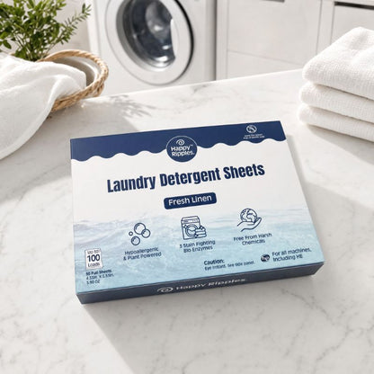 Happy Ripples Fresh Linen 100-load laundry detergent sheets being used with a washing machine