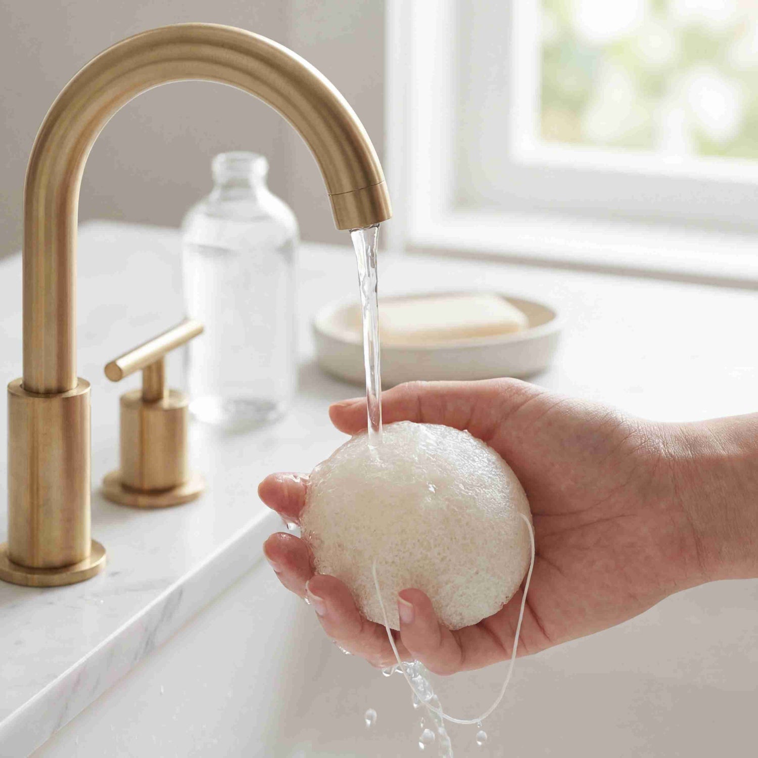 Hand rinsing Happy Ripples Konjac facial sponge under bathroom faucet for gentle daily face cleansing