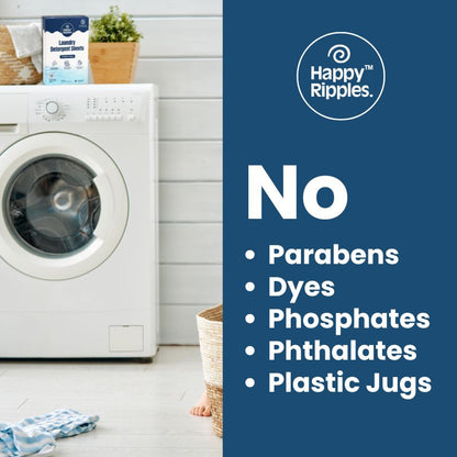 Happy Ripples laundry detergent sheets shown beside a washing machine with a list of no parabens dyes phosphates phthalates and plastic jugs claims