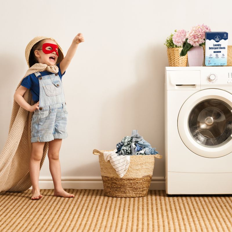 Happy Ripples laundry detergent sheets used during a simple home laundry routine