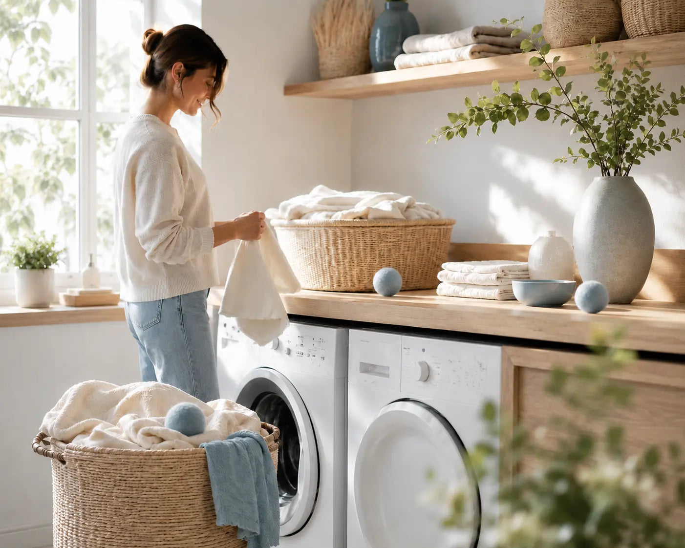 Woman folding laundry in a bright, sunlit laundry room with three blue wool dryer balls and woven baskets.