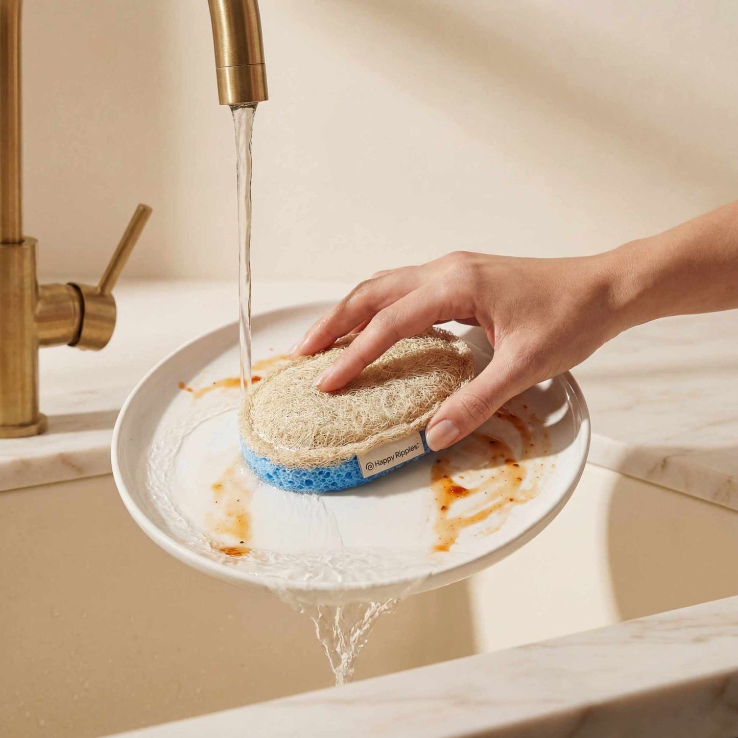 Happy Ripples loofah sponge cleaning a plate under running water.
