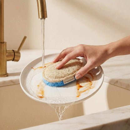Happy Ripples loofah sponge cleaning a plate under running water.
