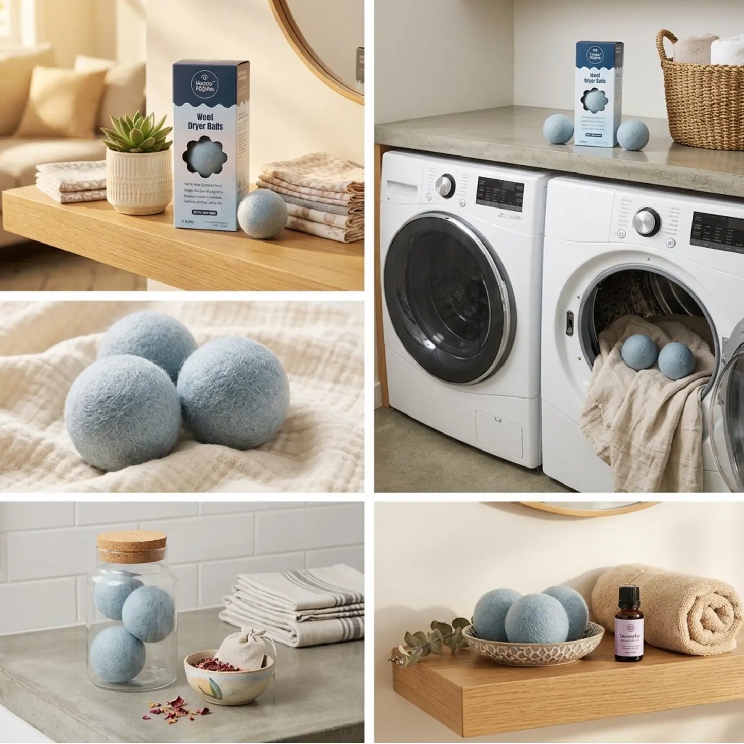 Happy Ripples blue wool dryer balls shown in five bright laundry room scenes.