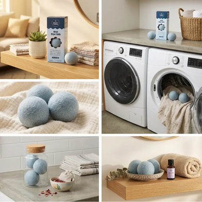 Happy Ripples blue wool dryer balls shown in five bright laundry room scenes.