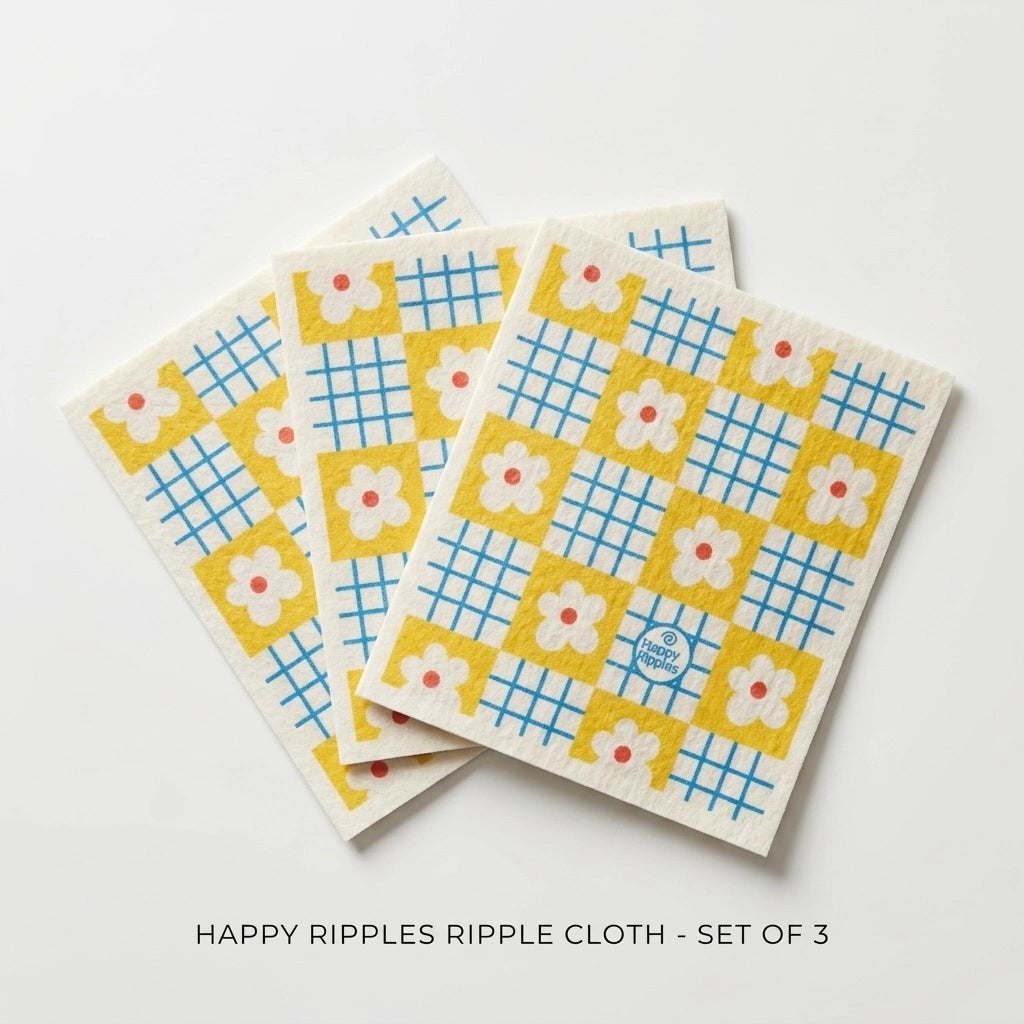 Happy Ripples Ripple Cloth set of three floral reusable sponge cloths.
