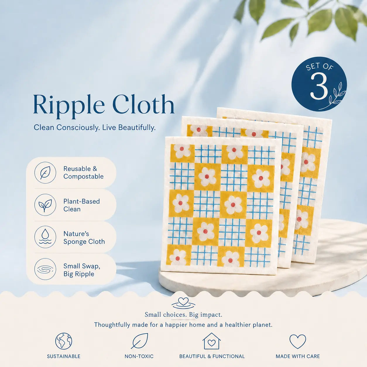 Happy Ripples Ripple Cloth set of three reusable sponge cloths with eco-friendly features.
