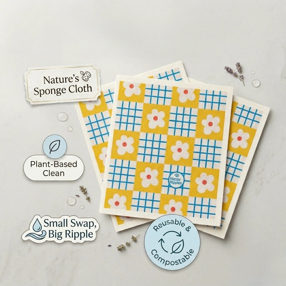 Happy Ripples reusable sponge cloths with plant-based clean and compostable messaging.

