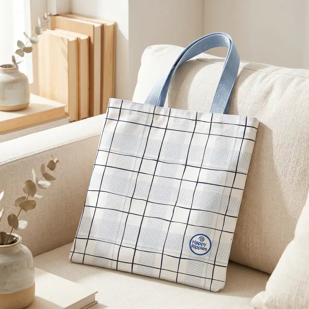 Happy Ripples checkered tote bag with blue handles on a beige armchair.
