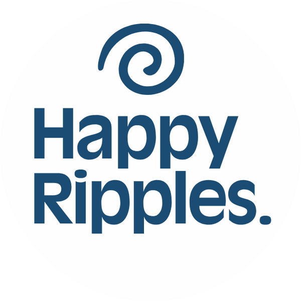 Happy Ripples round brand logo with blue swirl icon and blue text on white circle with transparent background