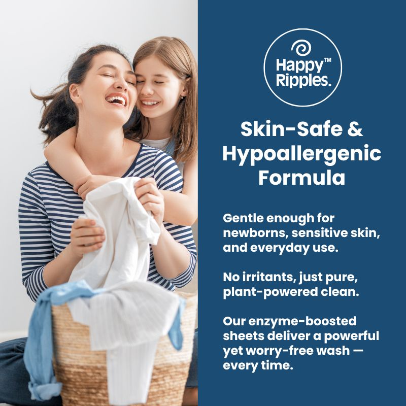 Happy Ripples skin safe hypoallergenic laundry formula graphic with mother and child holding clean clothes beside product benefits