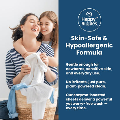 Happy Ripples skin safe hypoallergenic laundry formula graphic with mother and child holding clean clothes beside product benefits