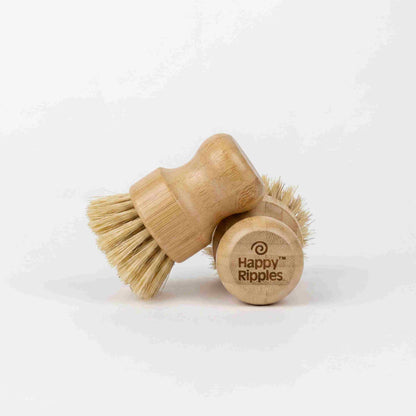 A natural bristle dish brush with a wooden handle on a neutral background