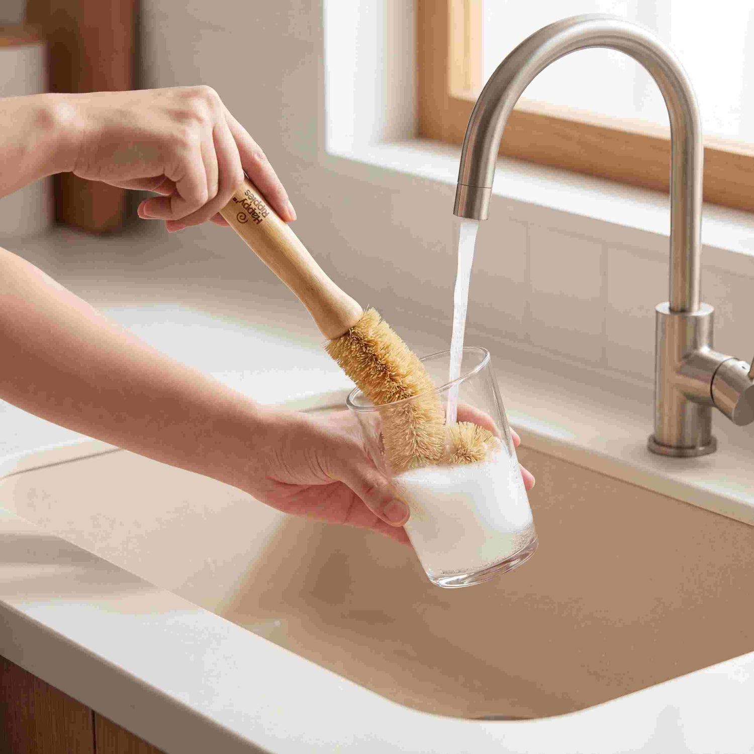 A natural bristle dish brush with a wooden handle on a neutral background