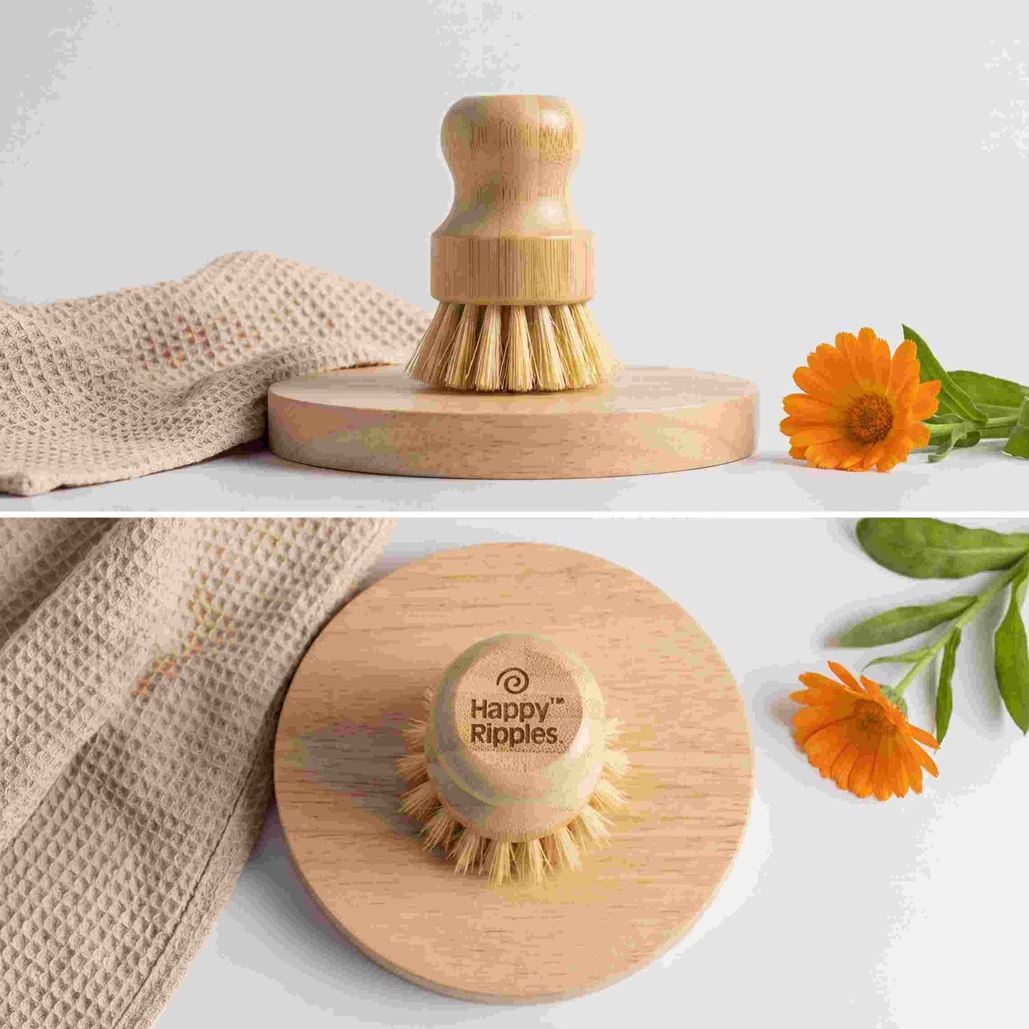 A wooden body brush styled with soft towels and natural bath accessories